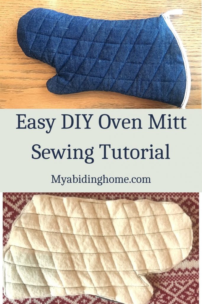 Easy DIY Oven Mitt Sewing Tutorial Pin it image with inside and outside of Oven Mitt