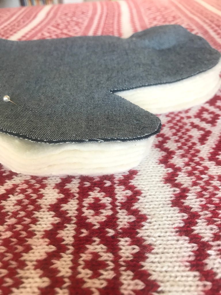 Up-close view of Dark Denim fabric layered with batting and Pinned together for Oven Mitt Tutorial visual