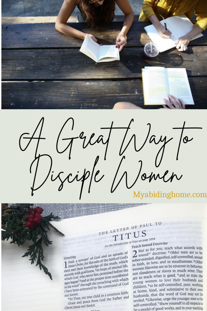 Women studying together and Titus 2 Bible picture for pinnable graphic