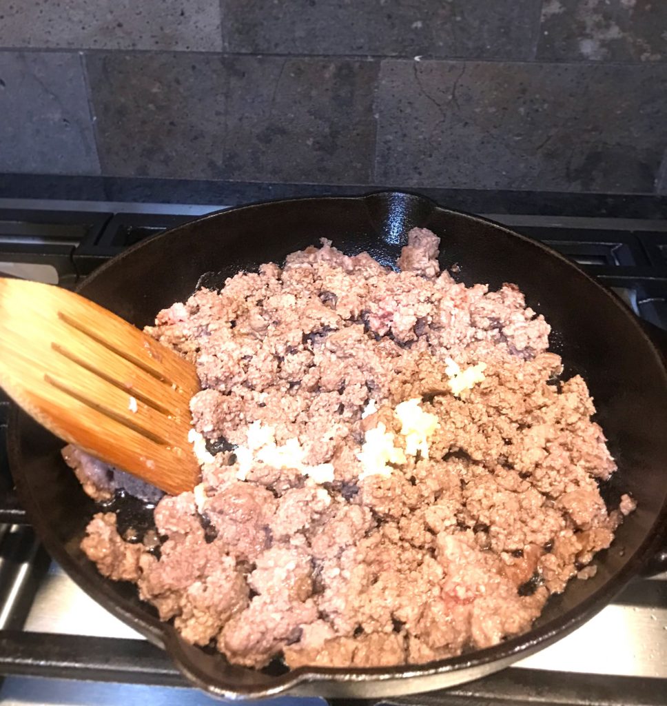 Browning burger and minced garlic for Sourdough Cheeseburger Pizza